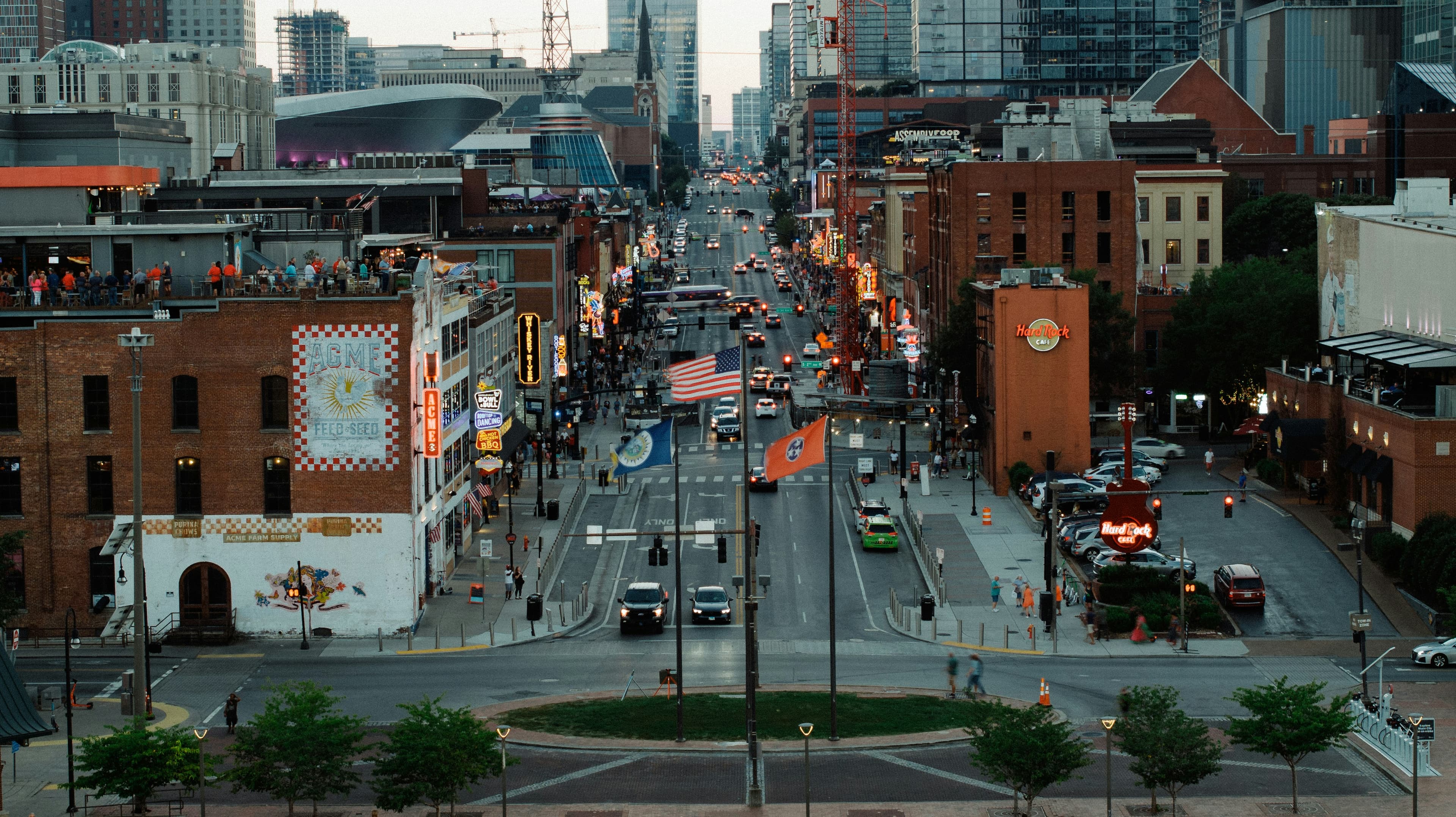 Broadway in downtown Nashville at dusk